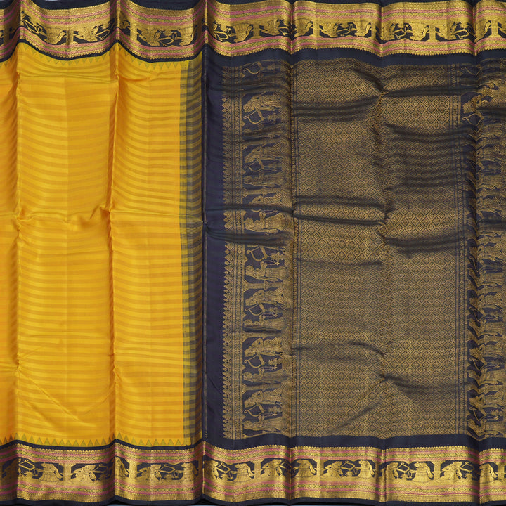 Hayagrivas Handloom Mustard Yellow Kanjivaram Silk Saree with Deep Jamun Border KBF751H1-1