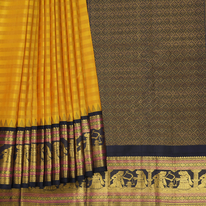 Hayagrivas Handloom Mustard Yellow Kanjivaram Silk Saree with Deep Jamun Border KBF751H1-1