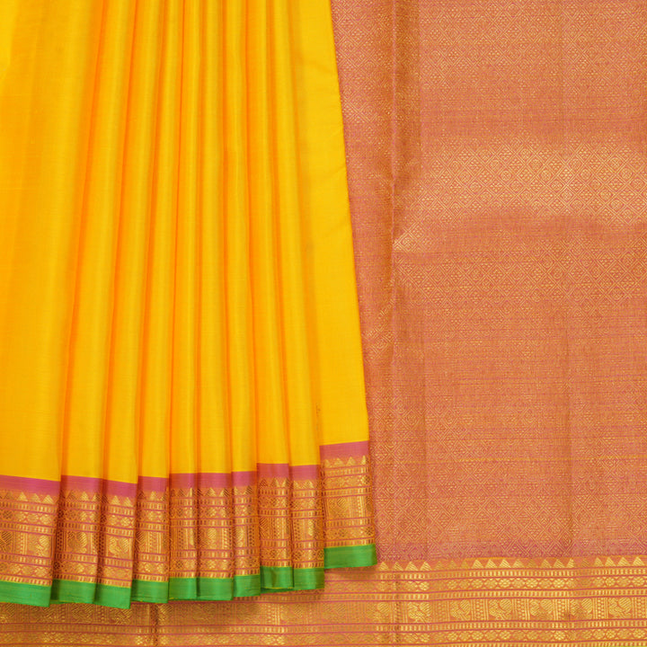 Hayagrivas Handloom Yellow Kanjivaram Silk Saree with Pink Border KBF752H3-3