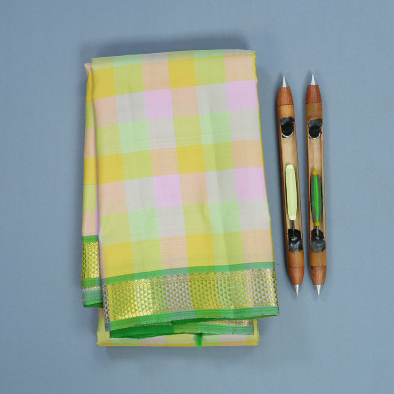 Hayagrivas Handloom Pastel Checks Kanjivaram Silk Saree with Parrot Green Border KBF752H4-1