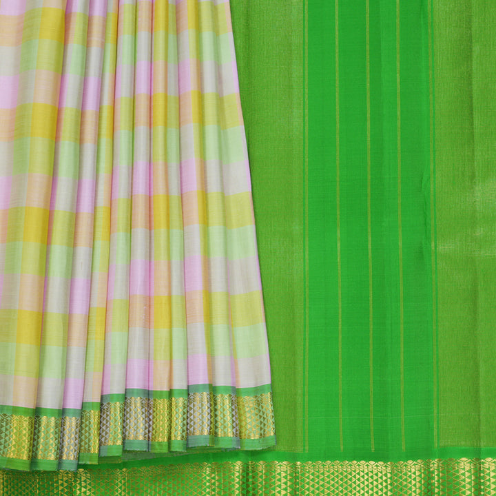 Hayagrivas Handloom Pastel Checks Kanjivaram Silk Saree with Parrot Green Border KBF752H4-1