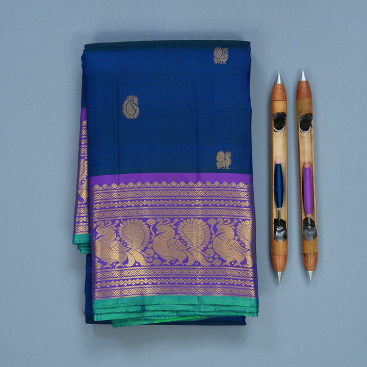 Hayagrivas Handloom Peacock Blue Kanjivaram Silk Saree with Purple Border KBF752H5-13