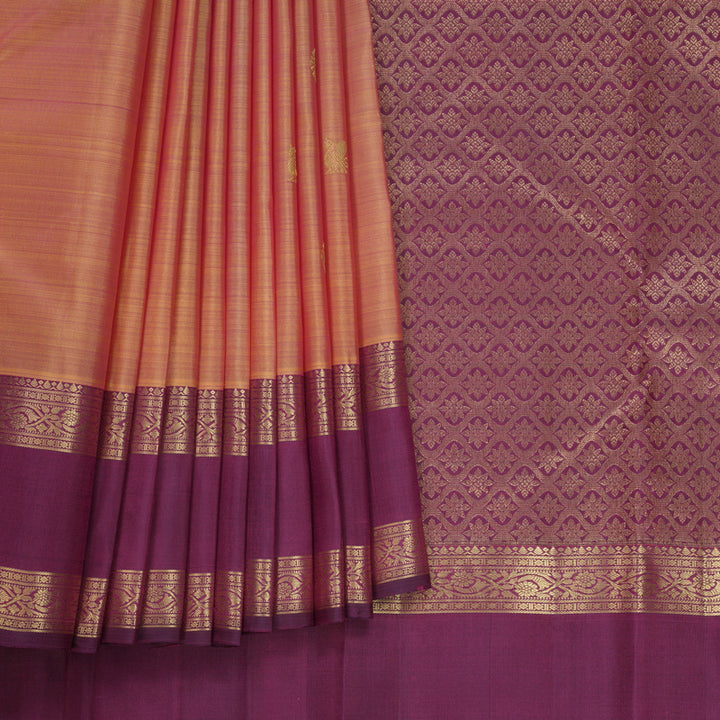 Hayagrivas Handloom Peach Orange Kanjivaram Silk Saree with Purple Border KBF752H6-2