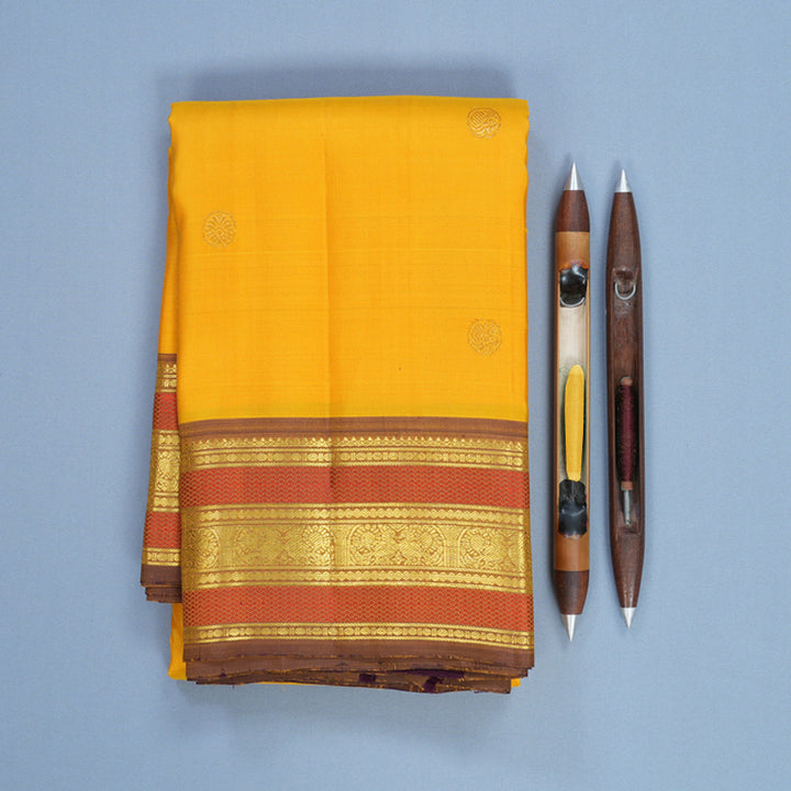 Hayagrivas Handloom Mustard Yellow Kanjivaram Silk Saree with Light Brown Border KBF752H6-9