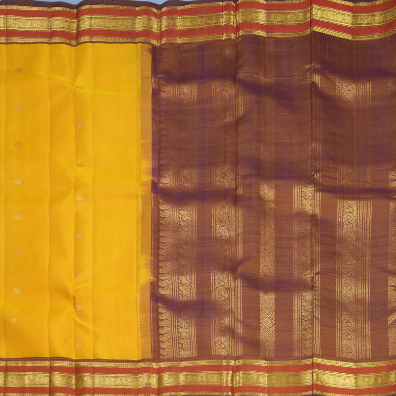 Hayagrivas Handloom Mustard Yellow Kanjivaram Silk Saree with Light Brown Border KBF752H6-9