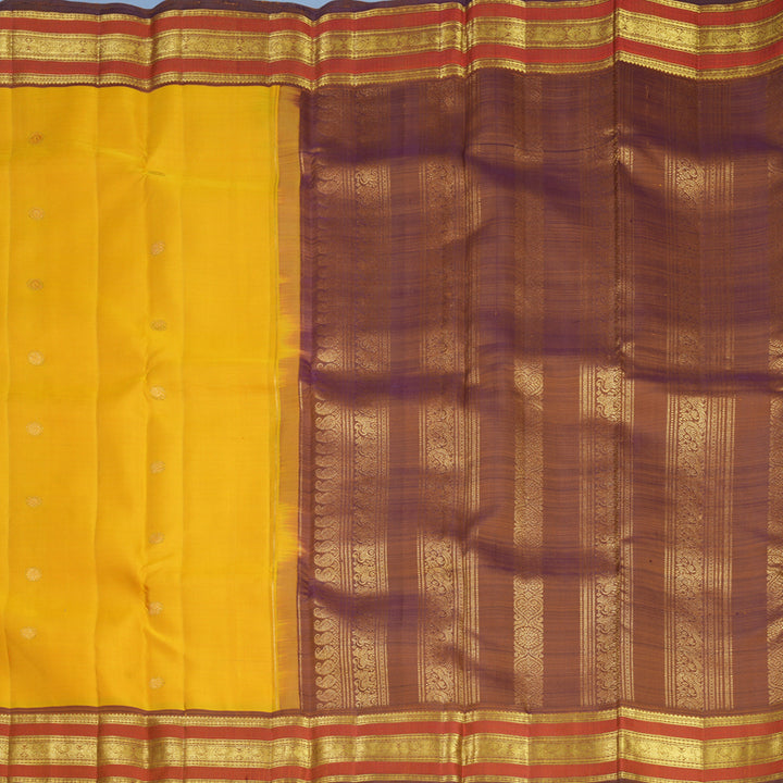 Hayagrivas Handloom Mustard Yellow Kanjivaram Silk Saree with Light Brown Border KBF752H6-9