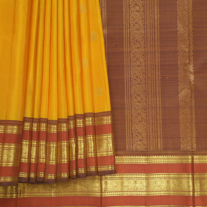 Hayagrivas Handloom Mustard Yellow Kanjivaram Silk Saree with Light Brown Border KBF752H6-9