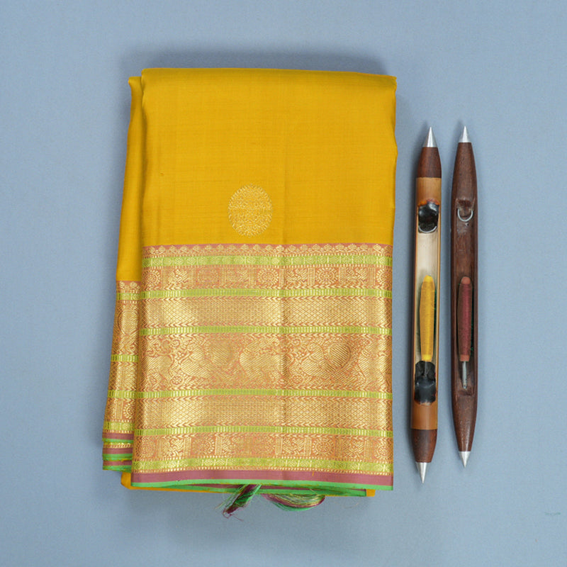 Hayagrivas Handloom Mustard Yellow Kanjivaram Silk Saree with Guava Pink Border KBF752H7-1