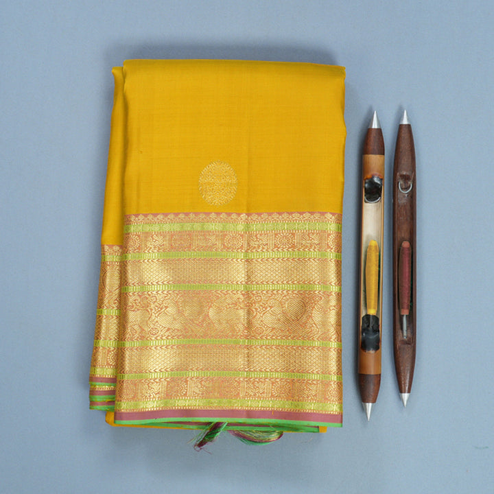 Hayagrivas Handloom Mustard Yellow Kanjivaram Silk Saree with Guava Pink Border KBF752H7-1