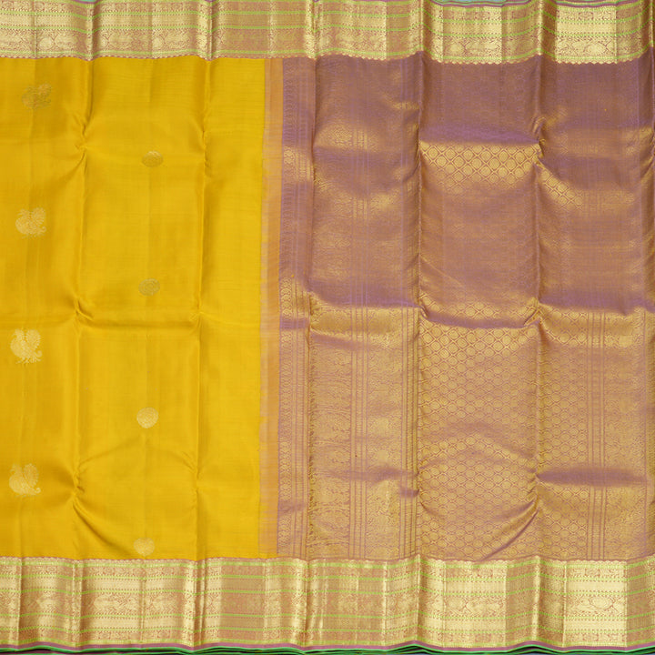 Hayagrivas Handloom Mustard Yellow Kanjivaram Silk Saree with Guava Pink Border KBF752H7-1