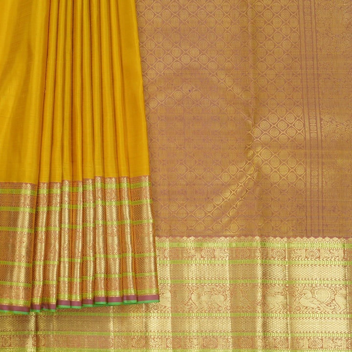 Hayagrivas Handloom Mustard Yellow Kanjivaram Silk Saree with Guava Pink Border KBF752H7-1