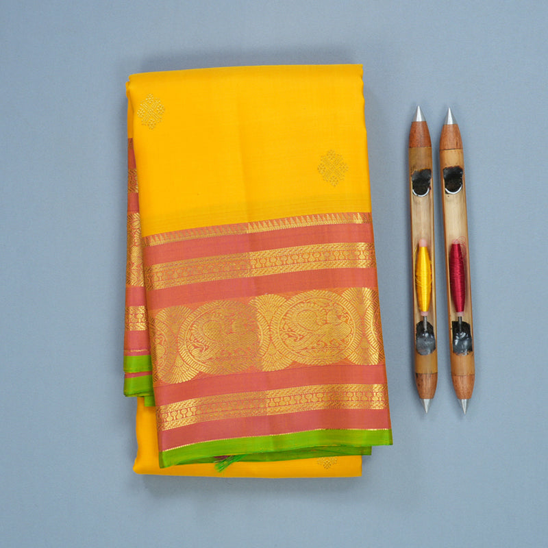 Hayagrivas Handloom Yellow Kanjivaram Silk Saree with Onion Pink Border KBF752H7-13