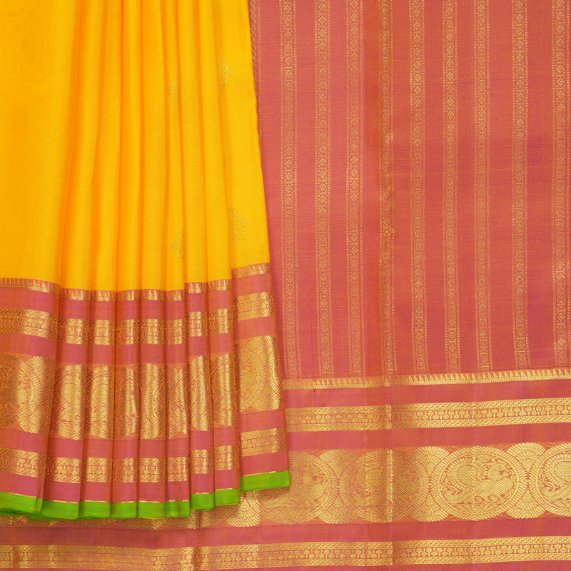 Hayagrivas Handloom Yellow Kanjivaram Silk Saree with Onion Pink Border KBF752H7-13