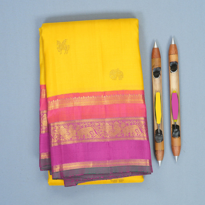 Hayagrivas Handloom Yellow Kanjivaram Silk Saree with Orangish-Pink &amp; Purple Border KBF755H2-1