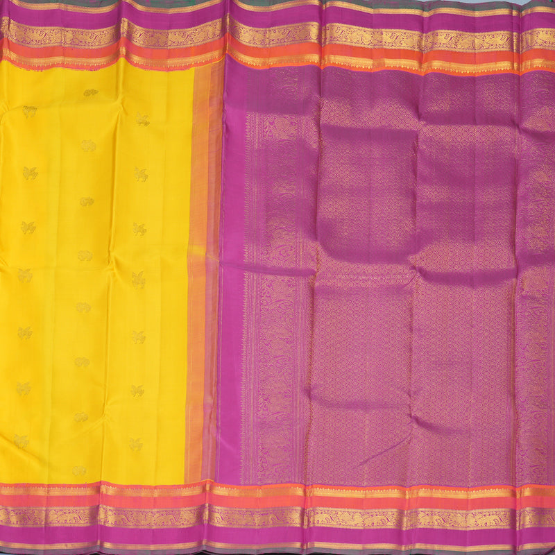 Hayagrivas Handloom Yellow Kanjivaram Silk Saree with Orangish-Pink &amp; Purple Border KBF755H2-1