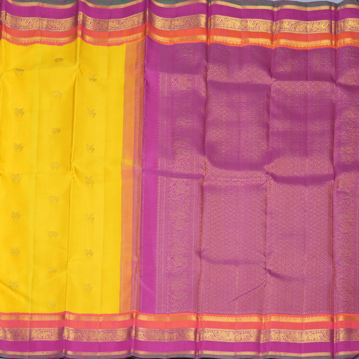 Hayagrivas Handloom Yellow Kanjivaram Silk Saree with Orangish-Pink &amp; Purple Border KBF755H2-1