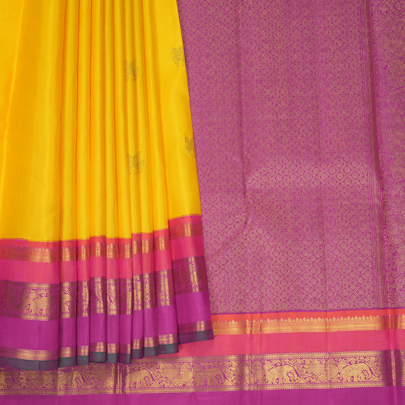 Hayagrivas Handloom Yellow Kanjivaram Silk Saree with Orangish-Pink &amp; Purple Border KBF755H2-1