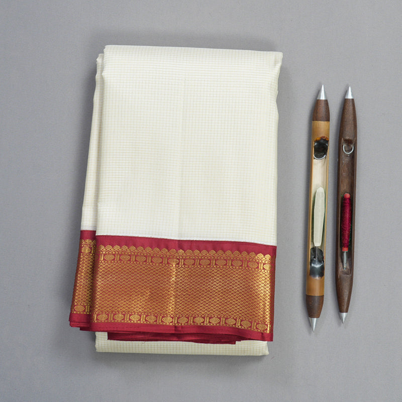 Hayagrivas Handloom Half-White Kanjivaram Silk Saree with Red Border KBF759H5-2