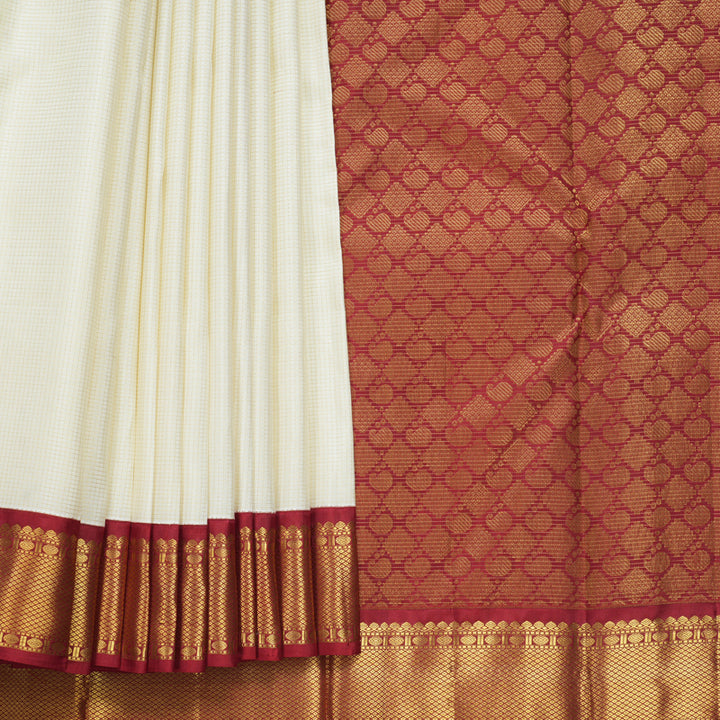 Hayagrivas Handloom Half-White Kanjivaram Silk Saree with Red Border KBF759H5-2