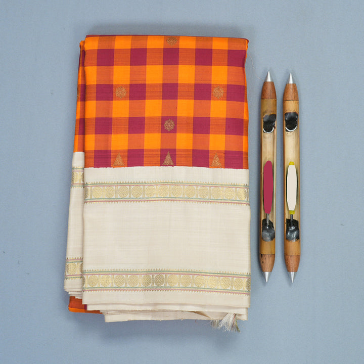 Hayagrivas Handloom Maroon &amp; Orange Checks Kanjivaram Silk Saree with Ivory Border KBF760H8-1