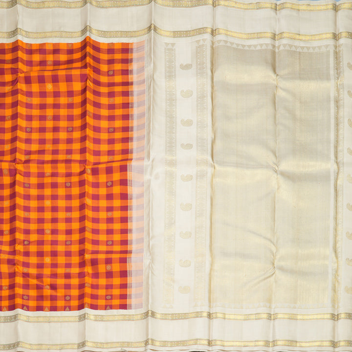 Hayagrivas Handloom Maroon &amp; Orange Checks Kanjivaram Silk Saree with Ivory Border KBF760H8-1