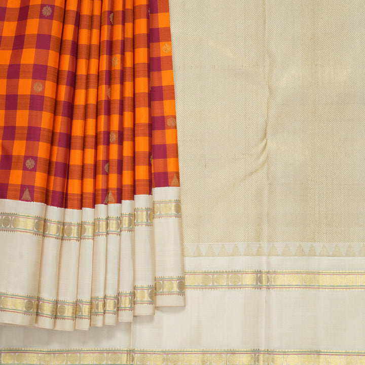 Hayagrivas Handloom Maroon &amp; Orange Checks Kanjivaram Silk Saree with Ivory Border KBF760H8-1
