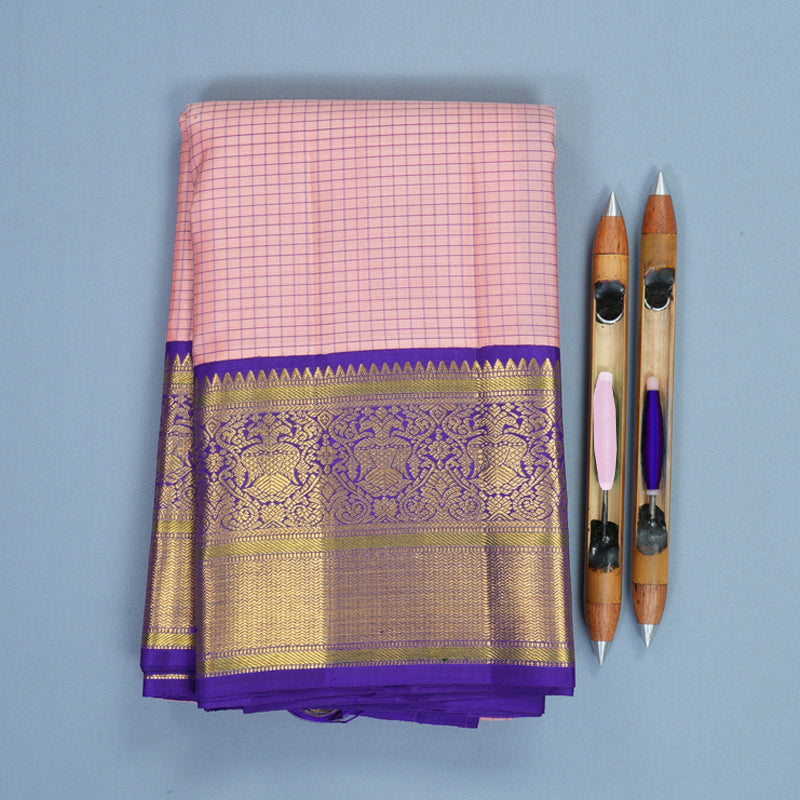 Hayagrivas Handloom Mild Peach Pink Kanjivaram Silk Saree with Purple Border KBF763H2-2