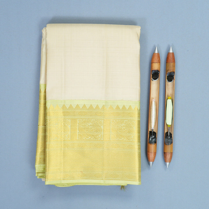 Hayagrivas Handloom Half-White Kanjivaram Silk Saree with Pista Green Border KBF763H3-3