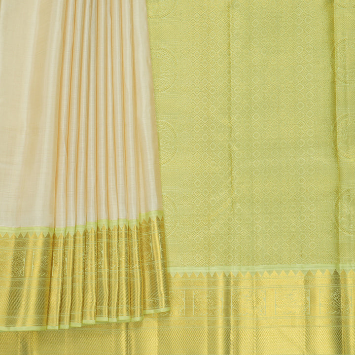 Hayagrivas Handloom Half-White Kanjivaram Silk Saree with Pista Green Border KBF763H3-3