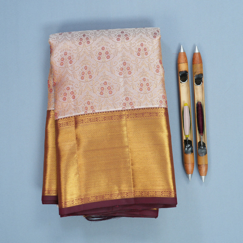 Hayagrivas Handloom Mild Baby Pink Kanjivaram Silk Saree with Wine Maroon Border KBF764H10-1