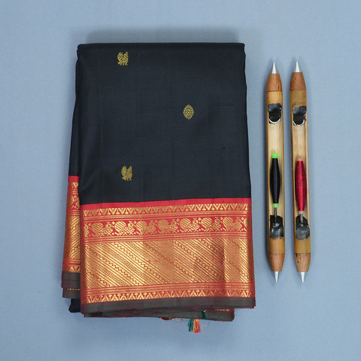 Hayagrivas Handloom Black Kanjivaram Silk Saree with Red Border KBF766H4-1