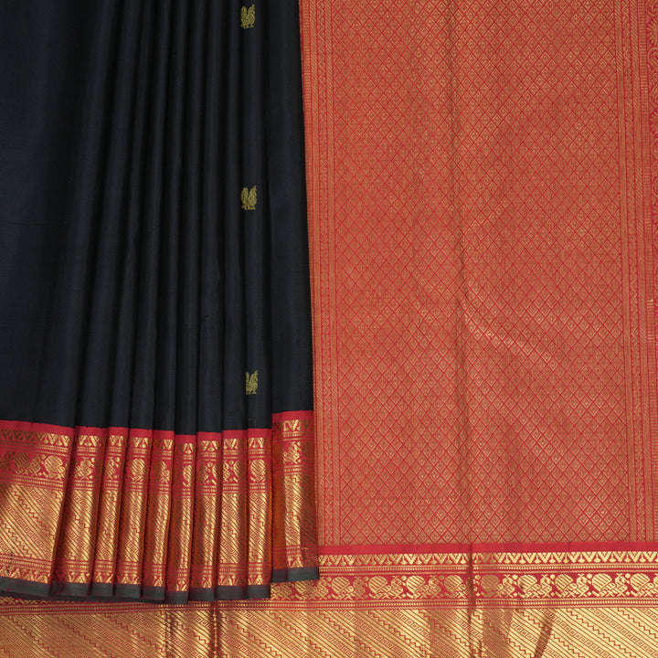 Hayagrivas Handloom Black Kanjivaram Silk Saree with Red Border KBF766H4-1