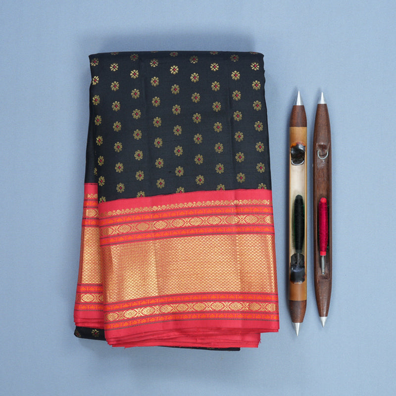Hayagrivas Handloom Black Kanjivaram Silk Saree with Red Border KBF766H6-1