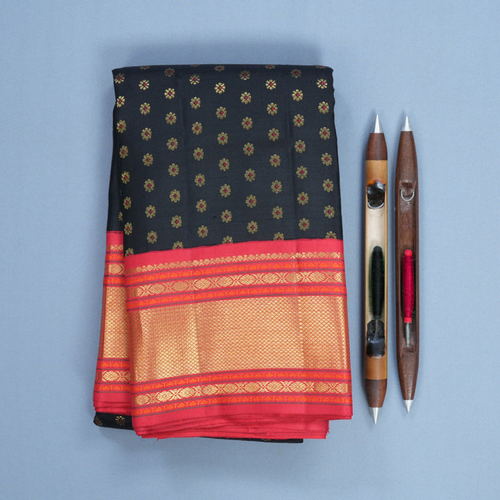 Hayagrivas Handloom Black Kanjivaram Silk Saree with Red Border KBF766H6-1