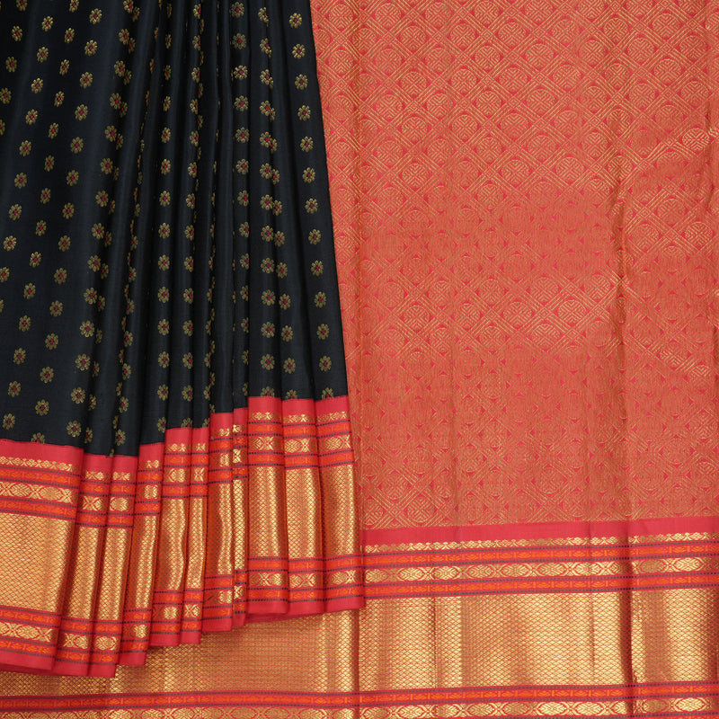 Hayagrivas Handloom Black Kanjivaram Silk Saree with Red Border KBF766H6-1