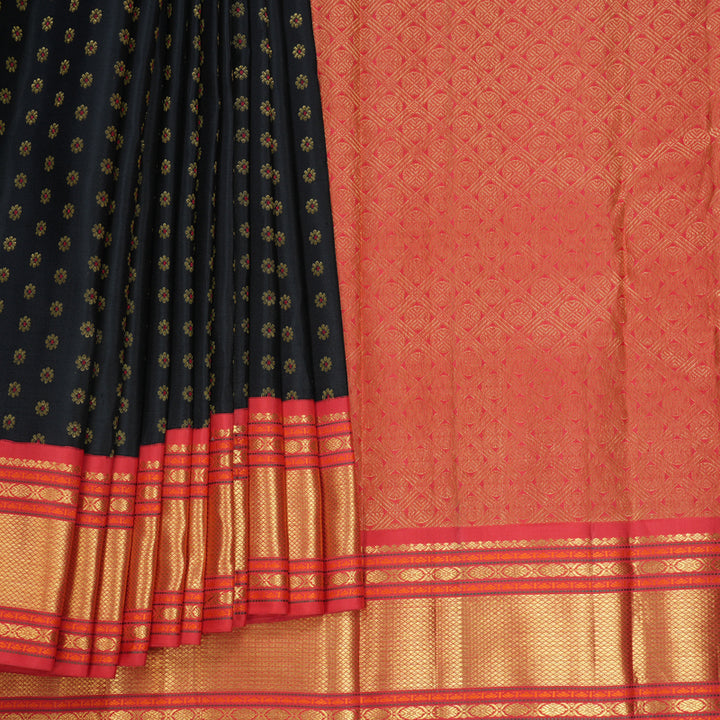 Hayagrivas Handloom Black Kanjivaram Silk Saree with Red Border KBF766H6-1