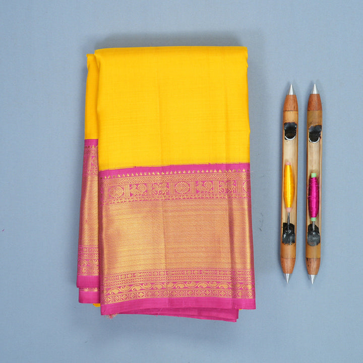 Hayagrivas Handloom Yellow Kanjivaram Silk Saree with Pink Border KBF767H1-1