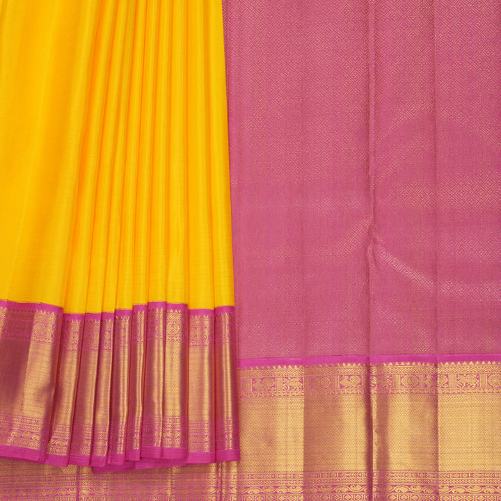 Hayagrivas Handloom Yellow Kanjivaram Silk Saree with Pink Border KBF767H1-1