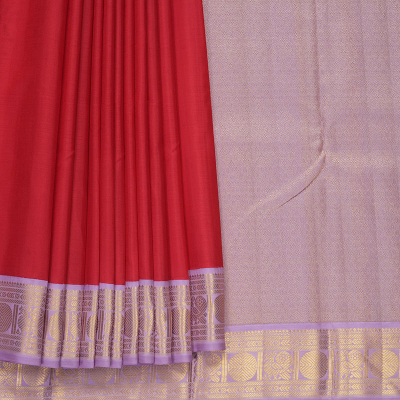 Hayagrivas Handloom Tomato Red Kanjivaram Silk Saree with Lavender Border KBF767H3-1
