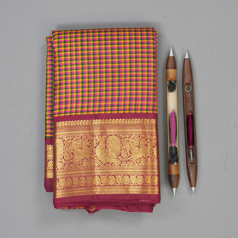 Hayagrivas Handloom Multicolour Checks Kanjivaram Silk Saree with Pinkish Maroon Border KBF76D1-1
