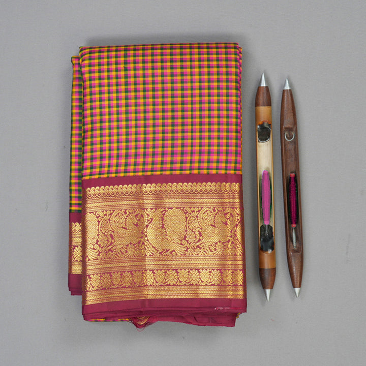 Hayagrivas Handloom Multicolour Checks Kanjivaram Silk Saree with Pinkish Maroon Border KBF76D1-1