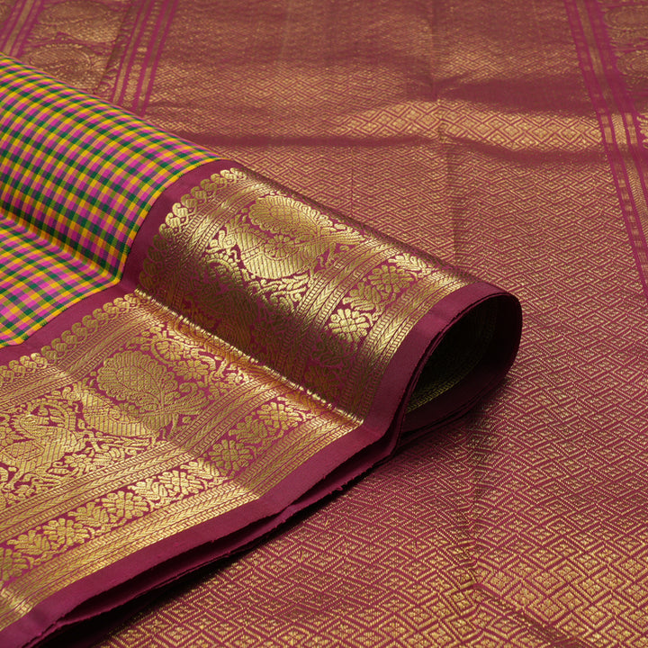 Hayagrivas Handloom Multicolour Checks Kanjivaram Silk Saree with Pinkish Maroon Border KBF76D1-1