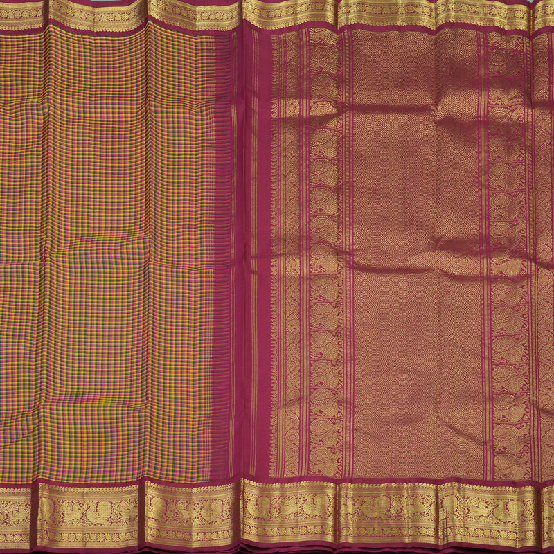 Hayagrivas Handloom Multicolour Checks Kanjivaram Silk Saree with Pinkish Maroon Border KBF76D1-1