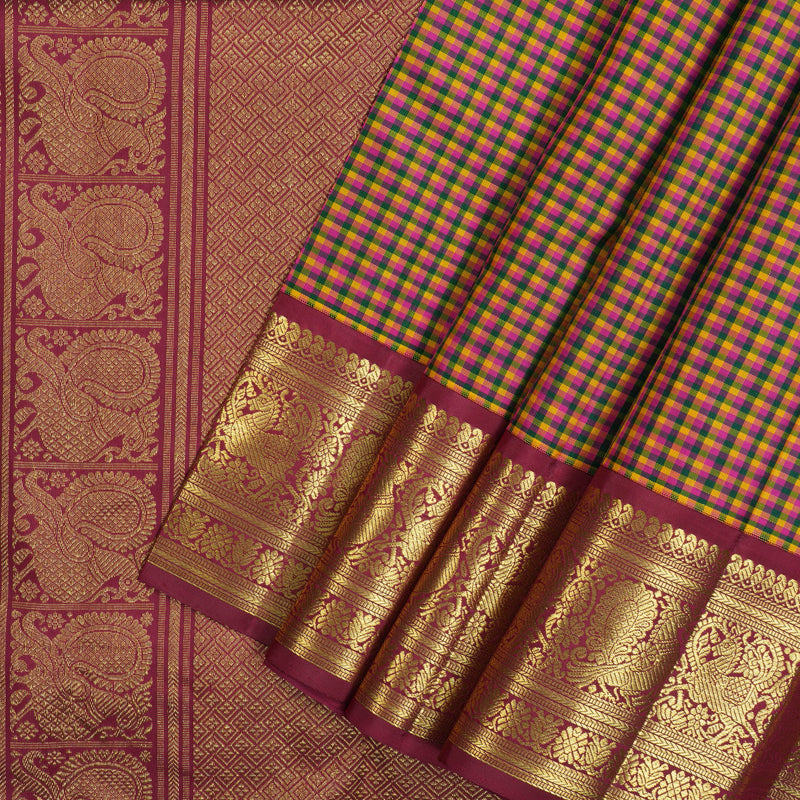Hayagrivas Handloom Multicolour Checks Kanjivaram Silk Saree with Pinkish Maroon Border KBF76D1-1