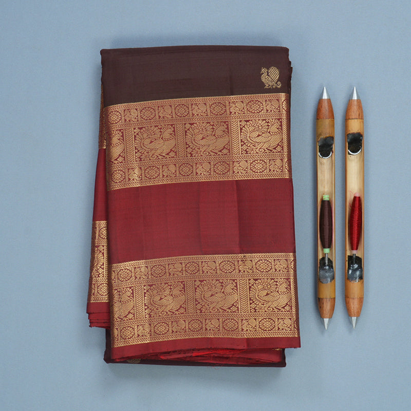 Hayagrivas Handloom Kanchana Brown Kanjivaram Silk Saree with Rust Red Border KBF770H1-1