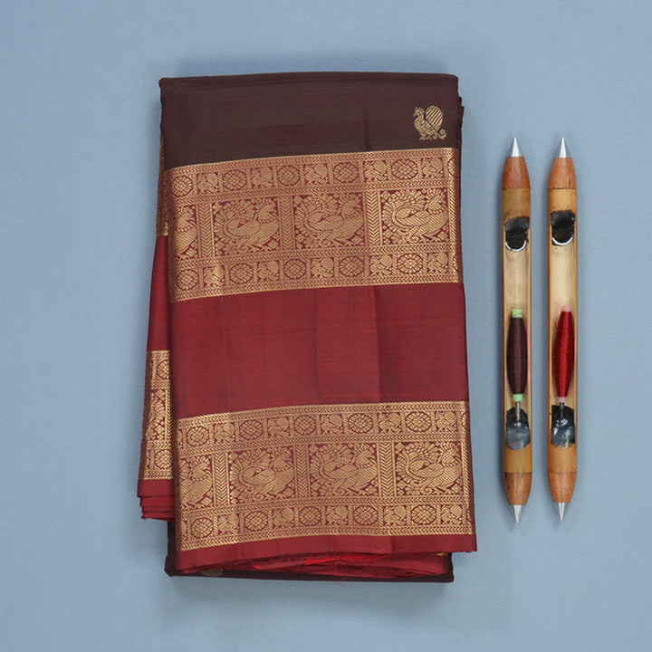 Hayagrivas Handloom Kanchana Brown Kanjivaram Silk Saree with Rust Red Border KBF770H1-1