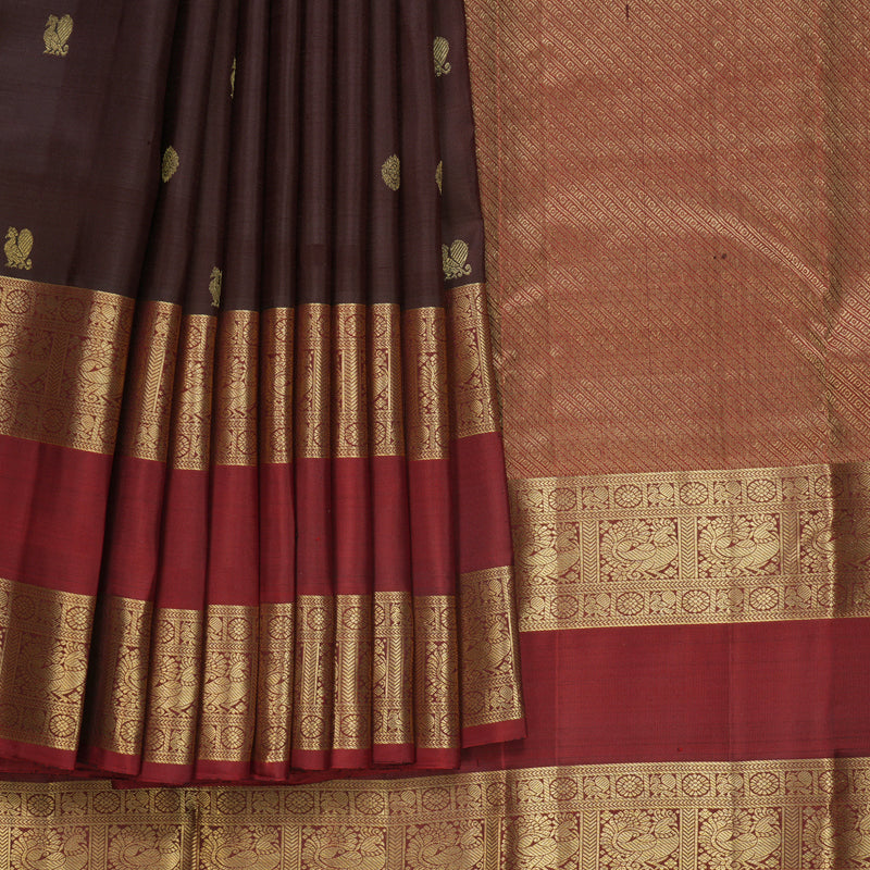 Hayagrivas Handloom Kanchana Brown Kanjivaram Silk Saree with Rust Red Border KBF770H1-1