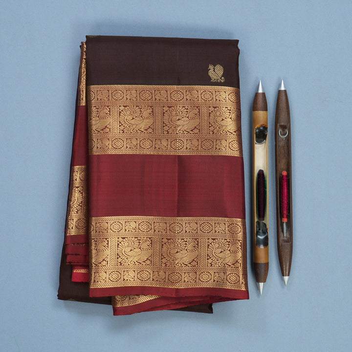 Hayagrivas Handloom Brown Kanjivaram Silk Saree with Araku Red Border KBF770H1-2