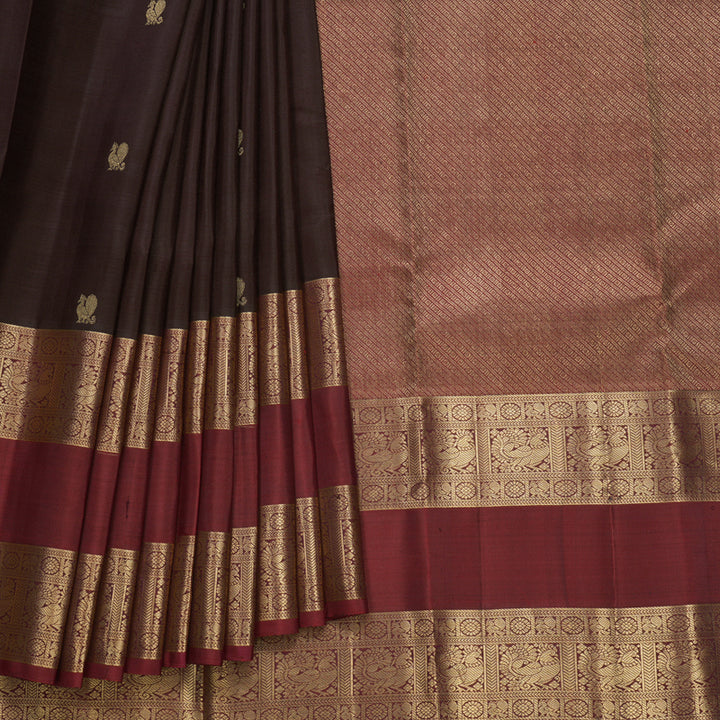Hayagrivas Handloom Brown Kanjivaram Silk Saree with Araku Red Border KBF770H1-2