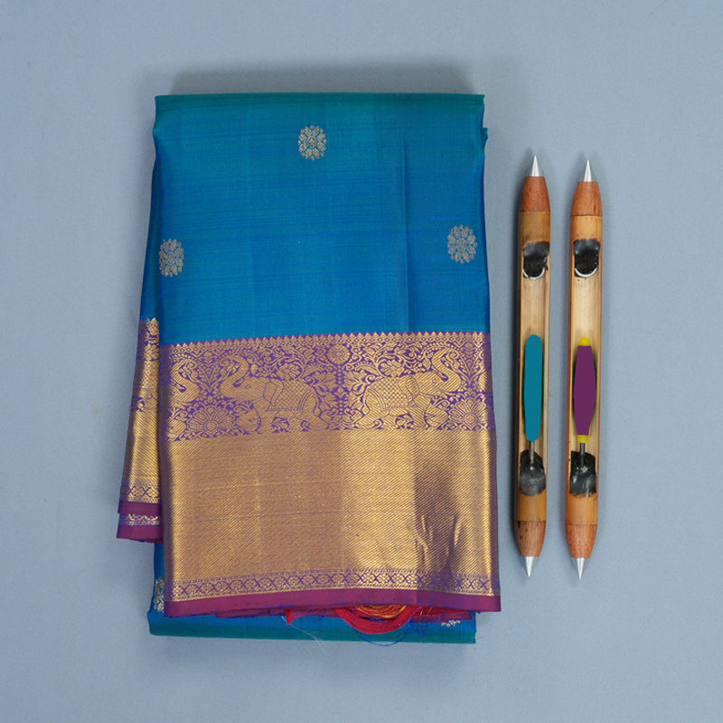 Hayagrivas Handloom Blue-Green Kanjivaram Silk Saree with Wine Purple Border KBF770H6-2